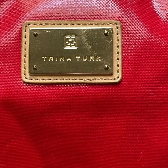 Trina Turk Red Tan Leather Canvas Tote Bag Top Preppy Casual Classic - Picture 15 of 16
